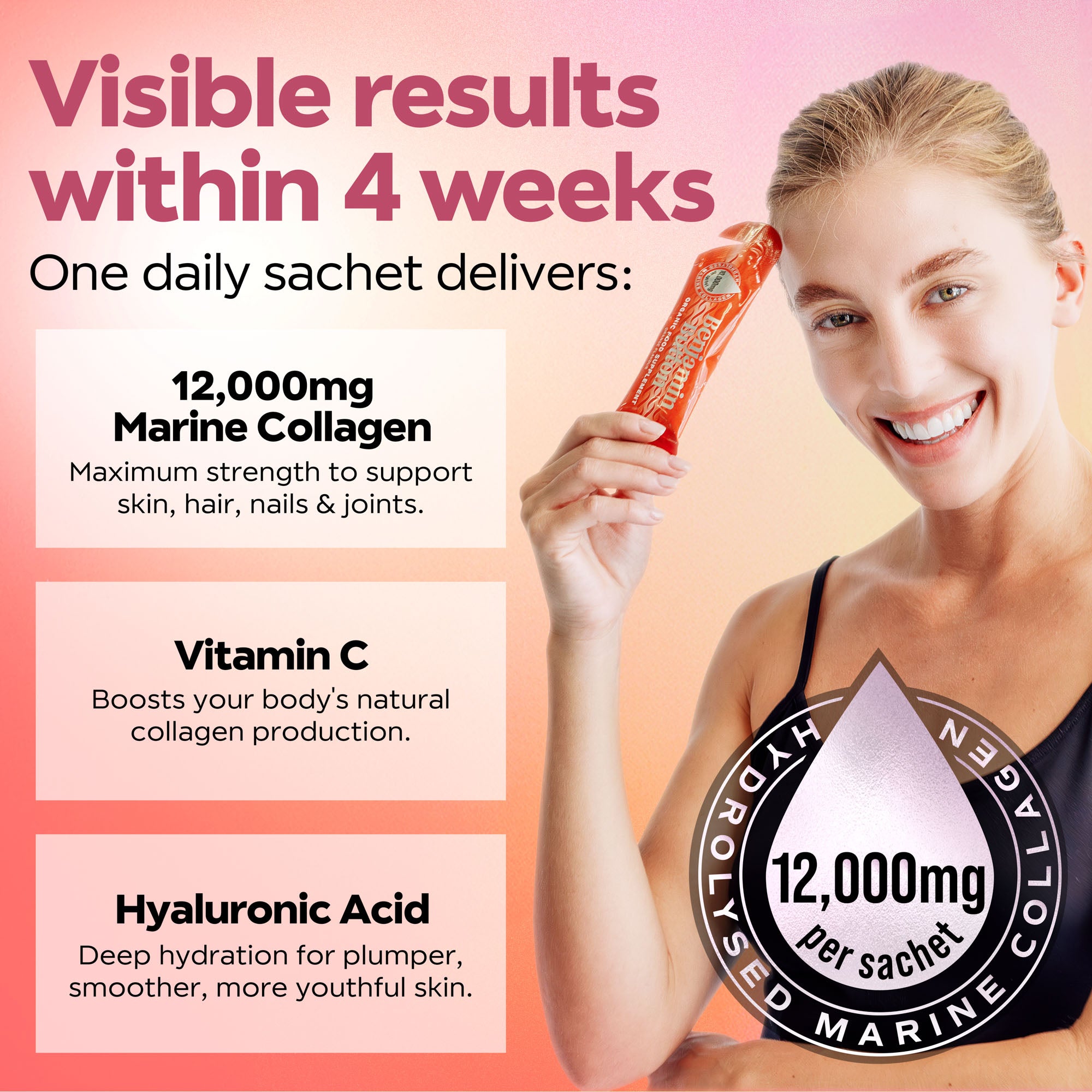 14x Oranje 12,000mg Marine Collageen Vloeibare Sachets