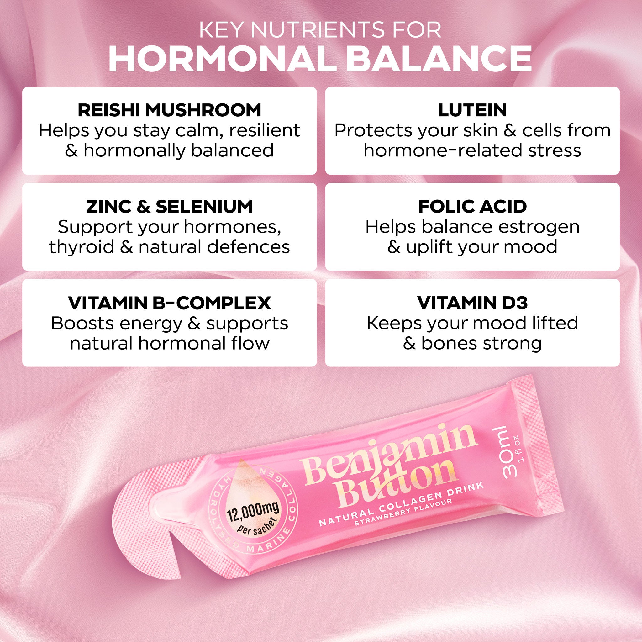 Benjamin Button 12,000mg Marine Collagen Drink - Strawberry Liquid Sachets - Perimenopause Support