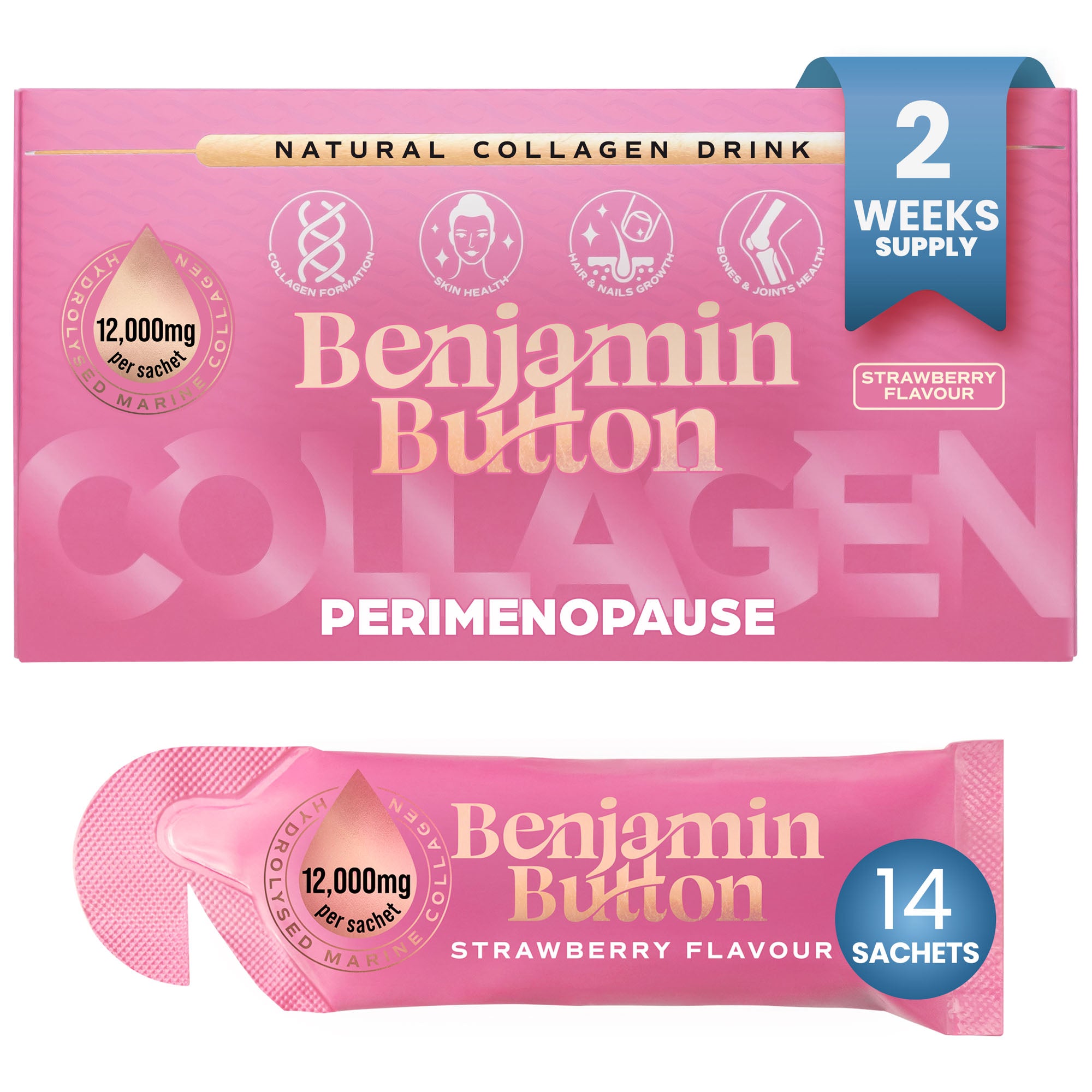 Perimenopauze Collageen Aardbei Sachets – 14 Stuks (2 Weken Voorraad) – 12.000mg Marien Collageen met Monnikspeper, Vitaminen & Hyaluronzuur