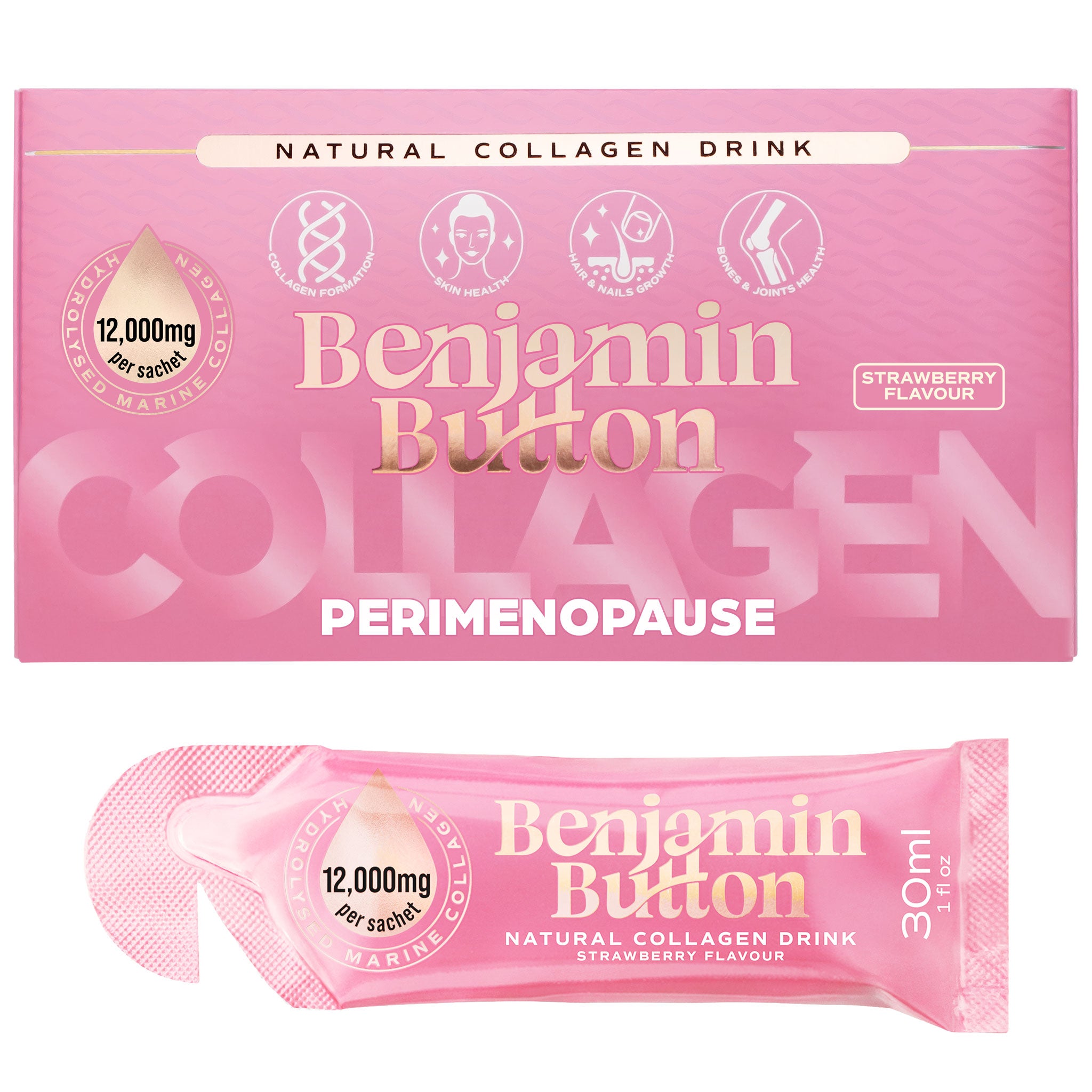 Perimenopauze Collageen Aardbei Sachets – 14 Stuks (2 Weken Voorraad) – 12.000mg Marien Collageen met Monnikspeper, Vitaminen & Hyaluronzuur