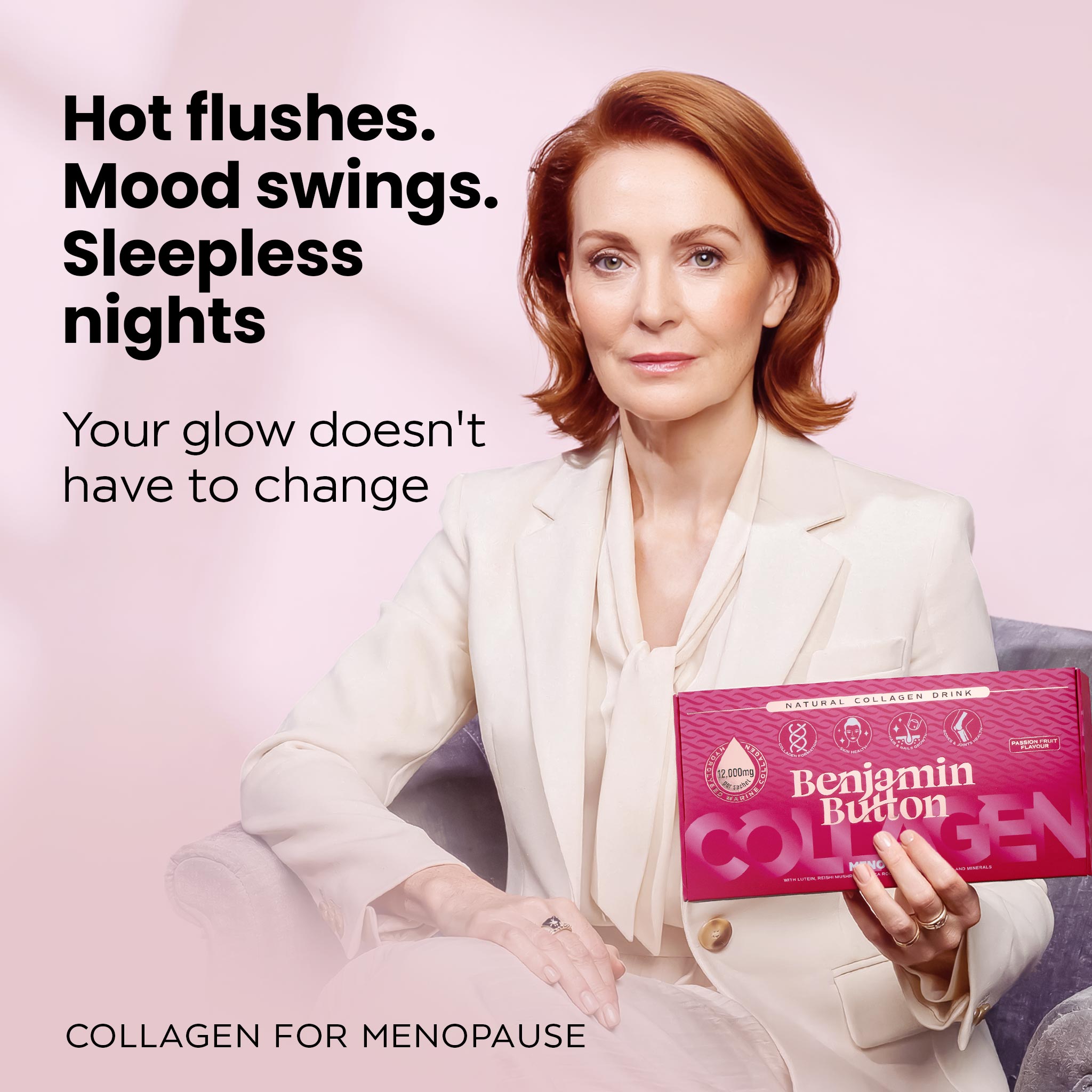 Menopauze Collageen Passievrucht Sachets – 14 Stuks (2 Weken Voorraad) – 12,000mg Marien Collageen met Rode Klaver, Vitaminen & Maca