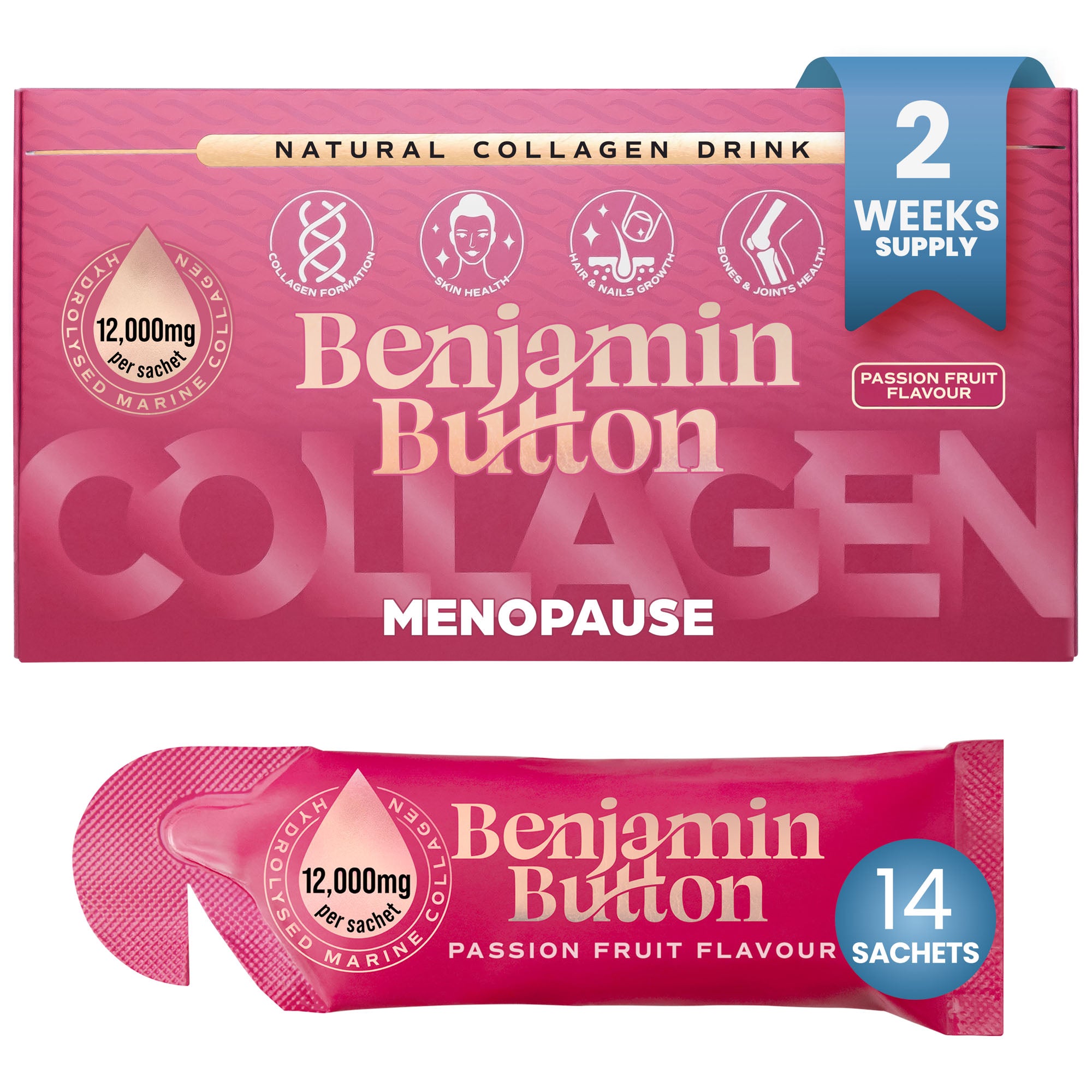 Menopauze Collageen Passievrucht Sachets – 14 Stuks (2 Weken Voorraad) – 12,000mg Marien Collageen met Rode Klaver, Vitaminen & Maca