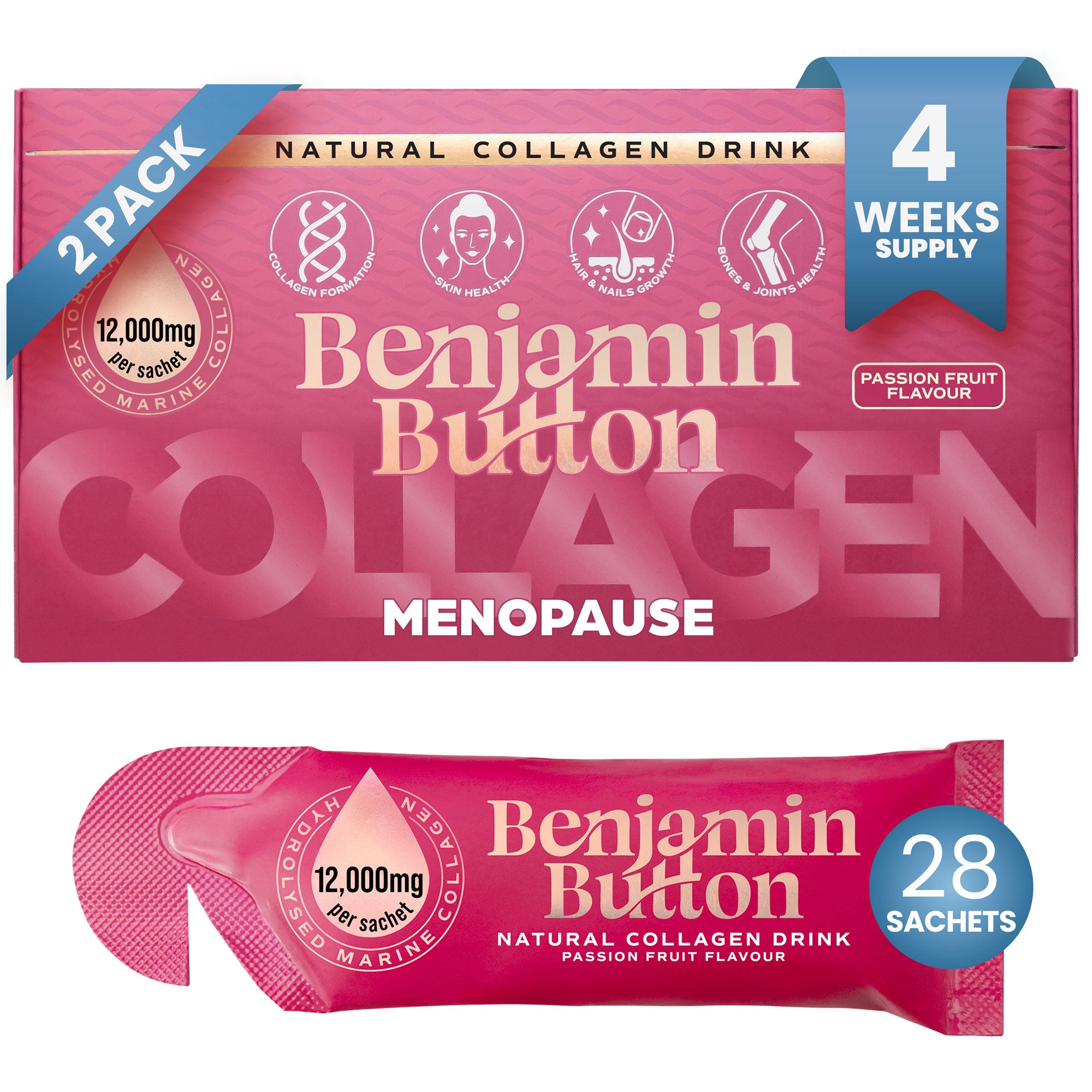 Menopauze Collageen Passievrucht Sachets – 14 Stuks (2 Weken Voorraad) – 12,000mg Marien Collageen met Rode Klaver, Vitaminen & Maca