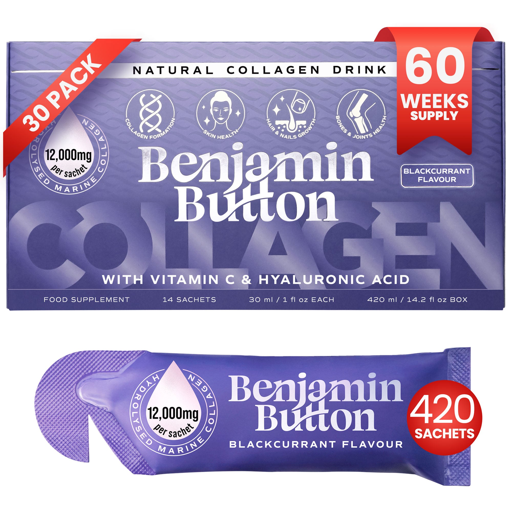 420x Zwarte Bes 12,000mg Marine Collageen Vloeibare Sachets