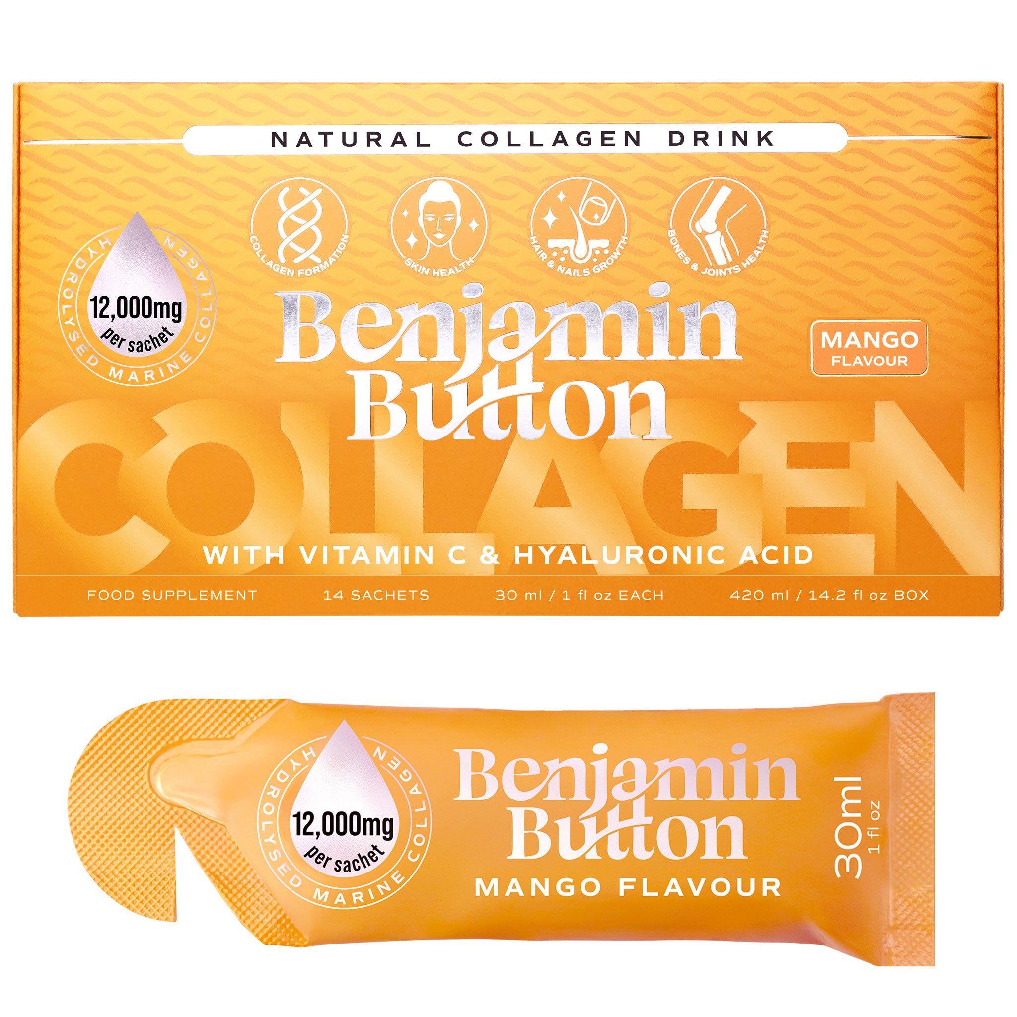 14x Mango 12,000mg Marine Collageen Vloeibare Sachets