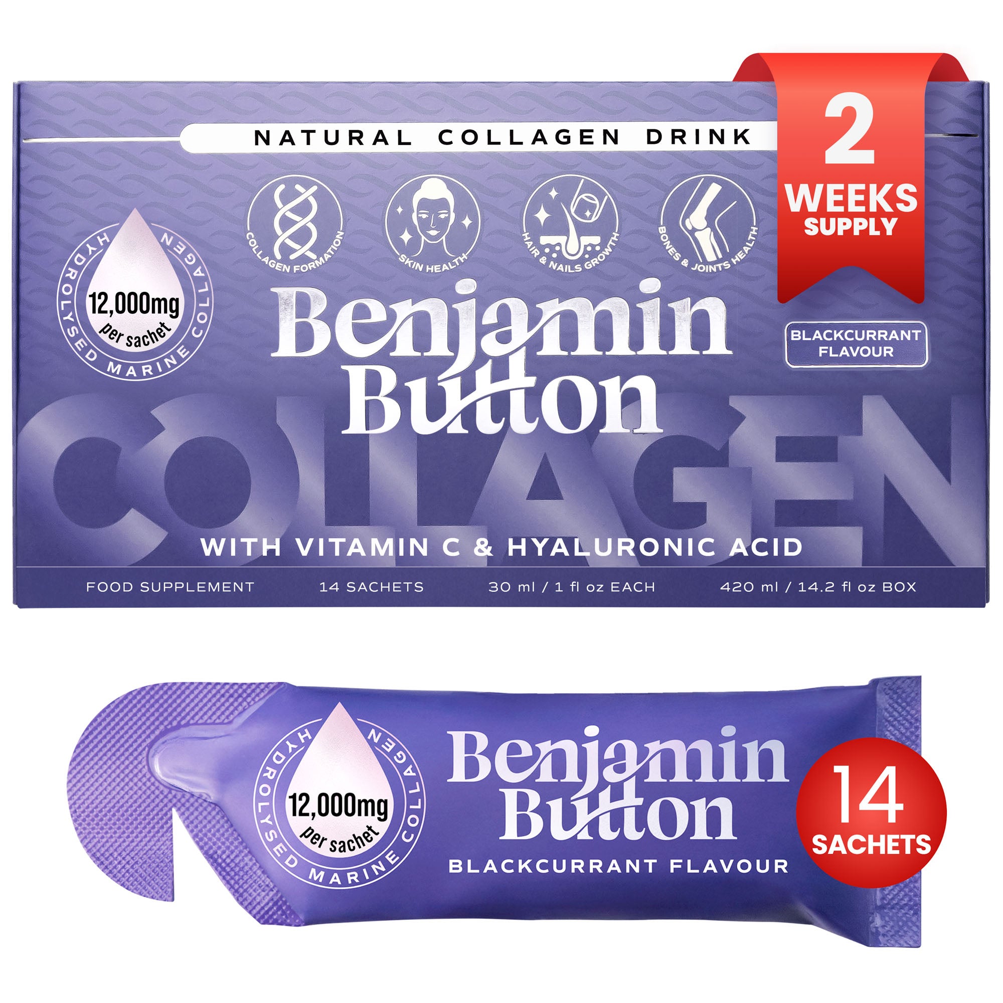 14x Zwarte Bes 12,000mg Marine Collageen Vloeibare Sachets