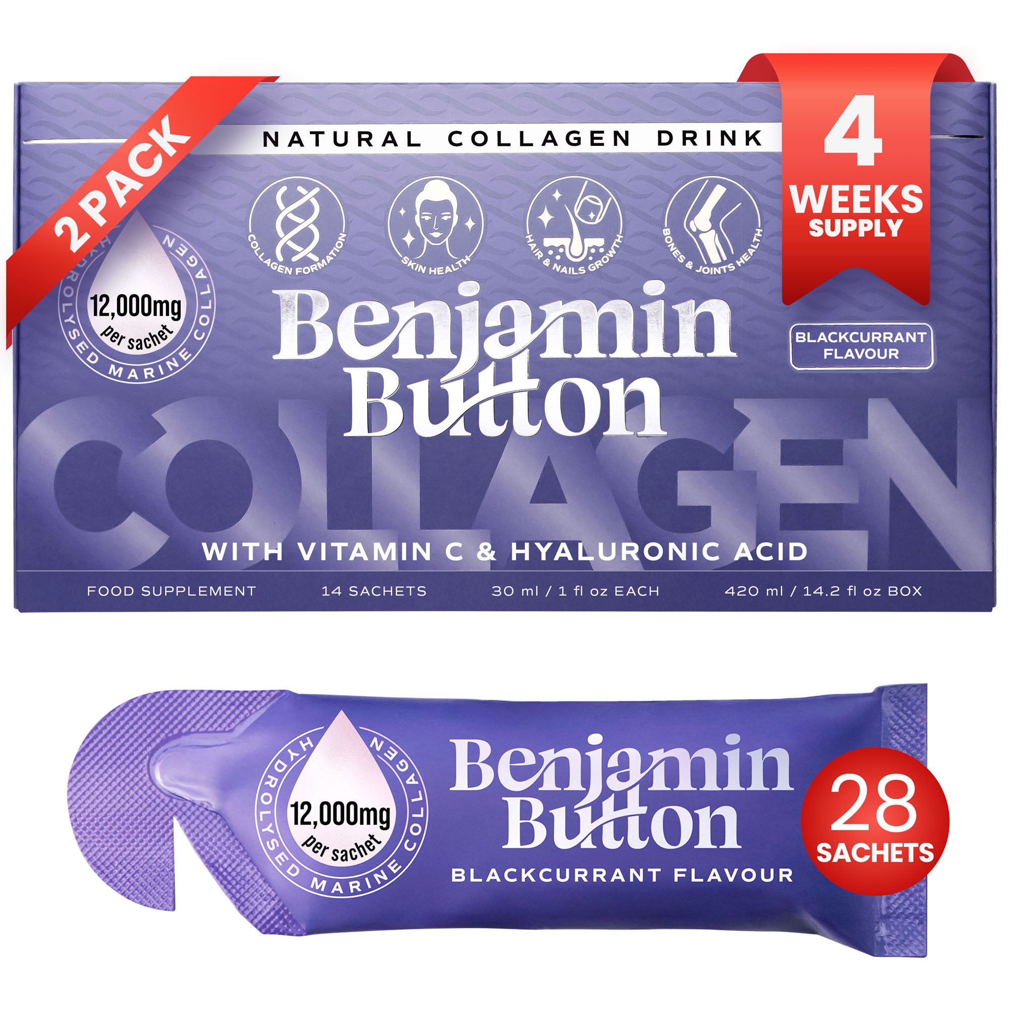 28x Zwarte Bes 12,000mg Marine Collageen Vloeibare Sachets