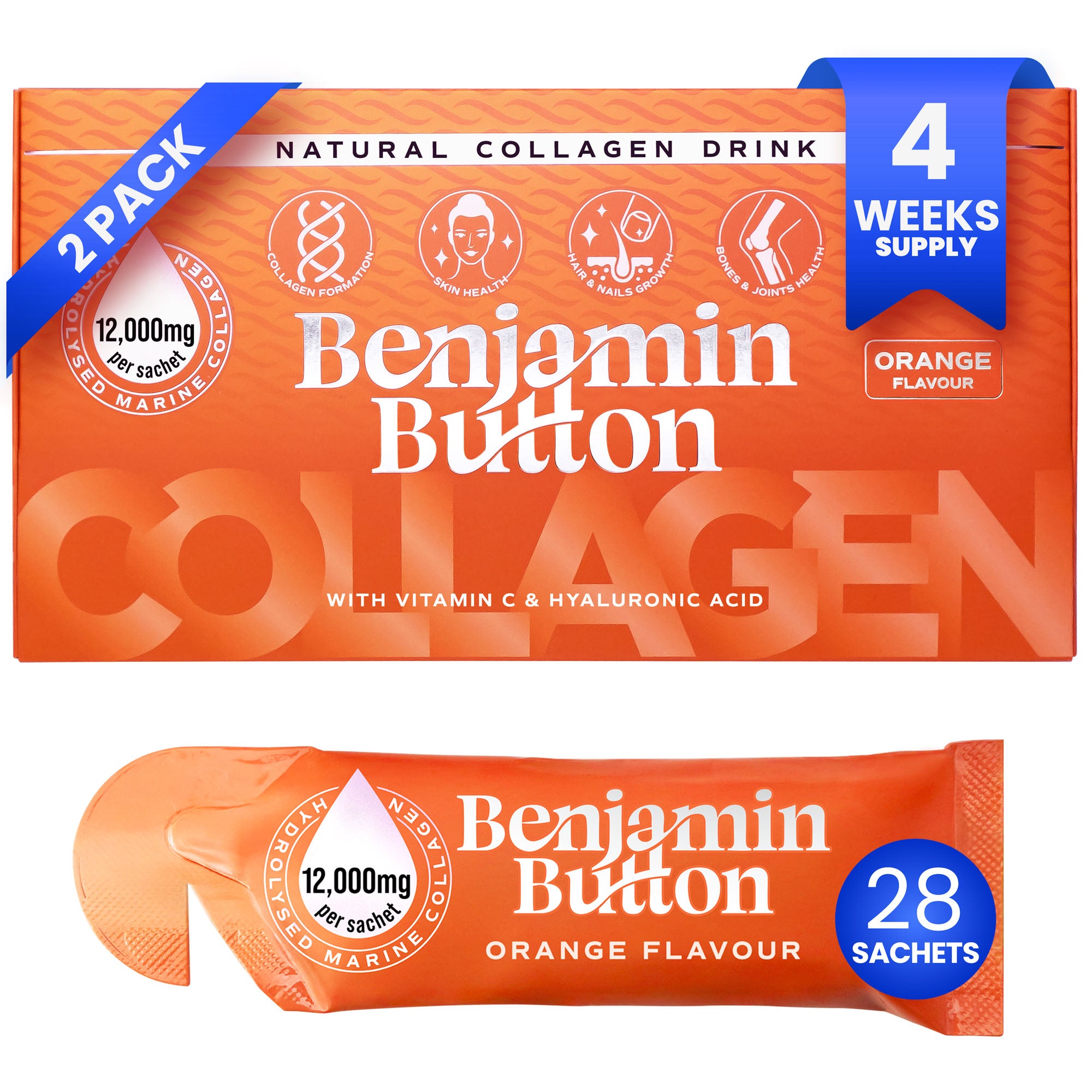 28x Oranje 12,000mg Marine Collageen Vloeibare Sachets