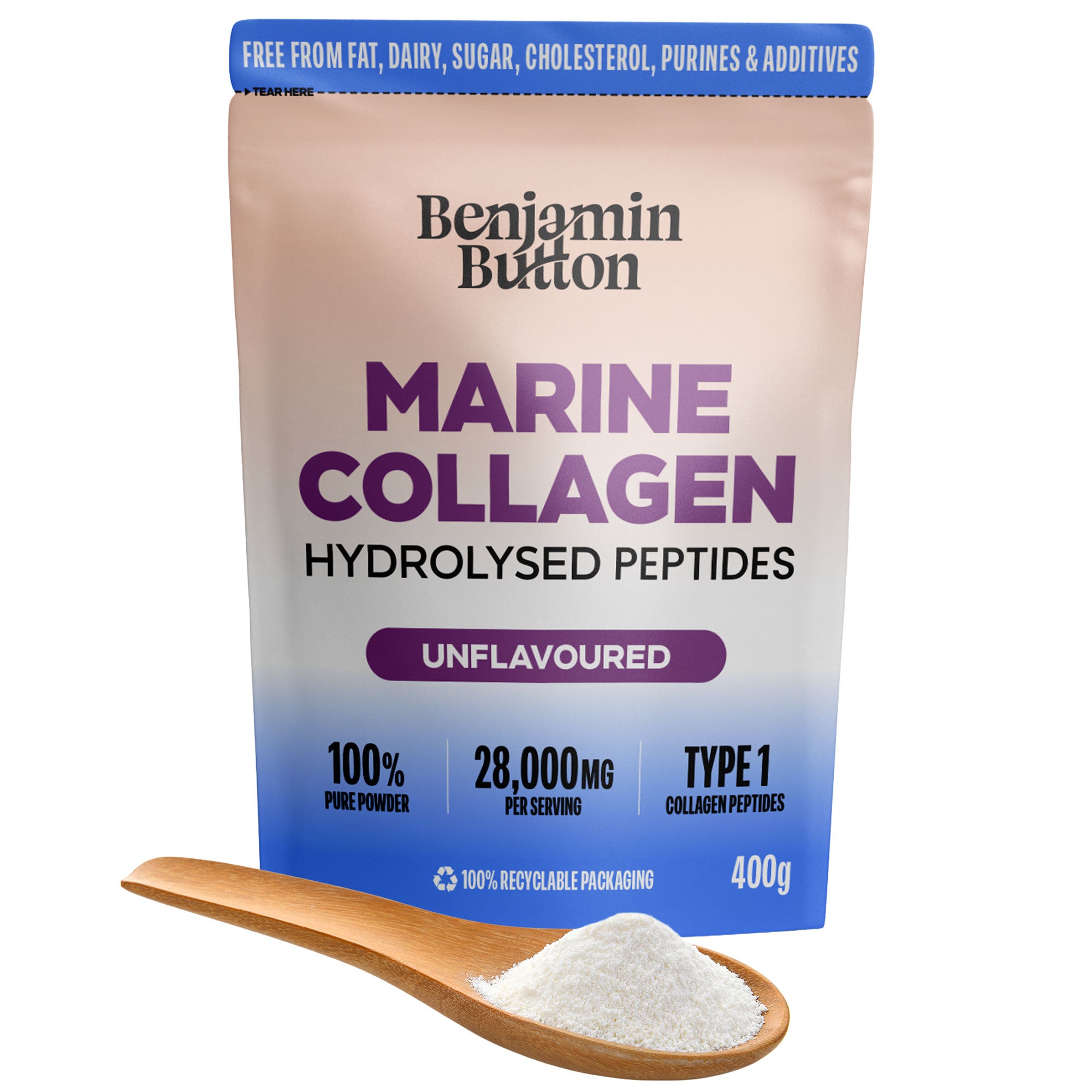 Marine collageenpoeder – 93% eiwit, wild gevangen, 400g ongeflavoured | Benjamin Button