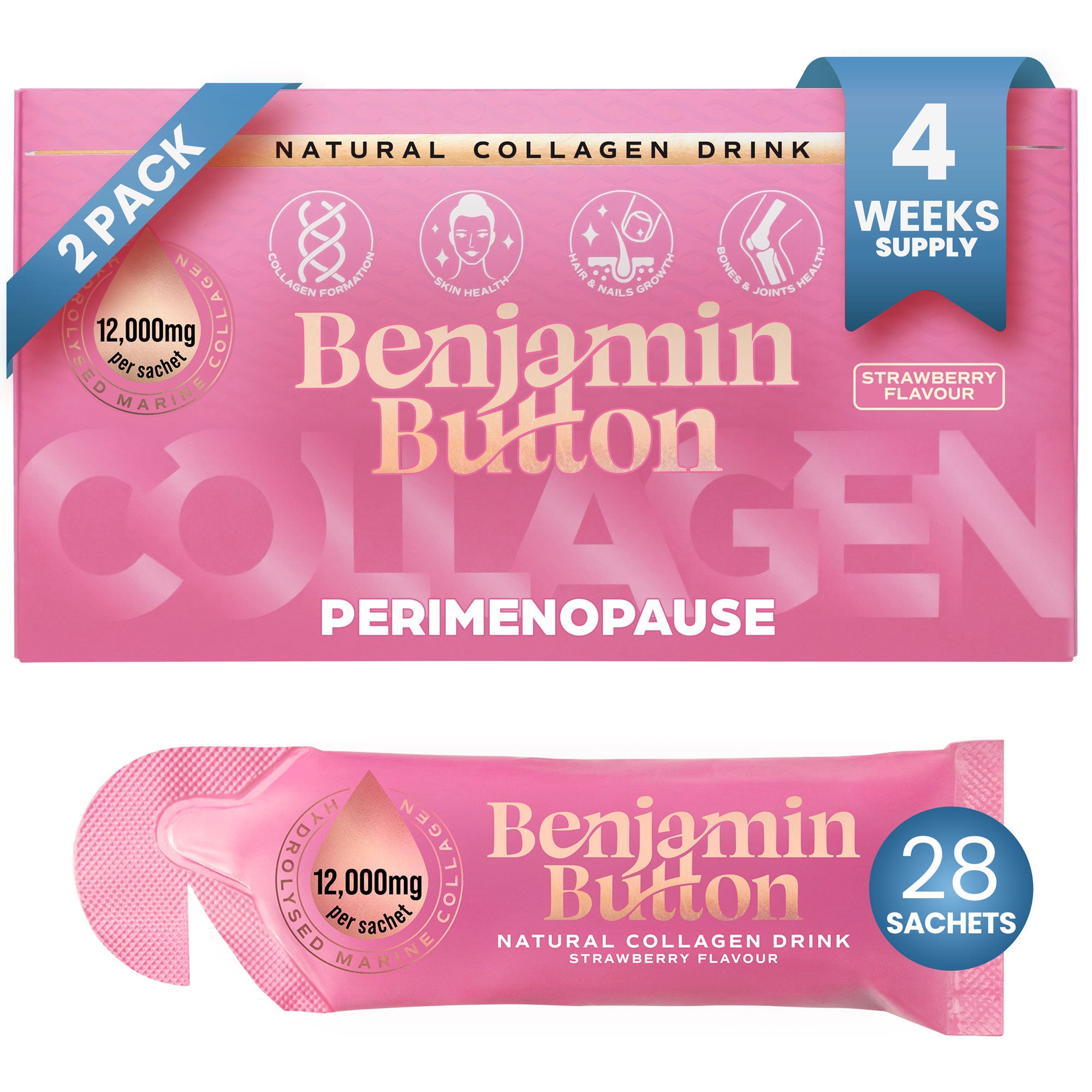 Perimenopauze Collageen Aardbei Sachets – 14 Stuks (2 Weken Voorraad) – 12.000mg Marien Collageen met Monnikspeper, Vitaminen & Hyaluronzuur