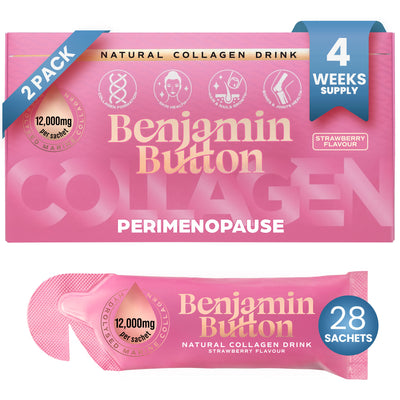 Perimenopause Collagen Strawberry Sachets – 28 Pack (4 Weeks Supply) – 12,000mg Marine Collagen with Chasteberry, Vitamins & Hyaluronic Acid