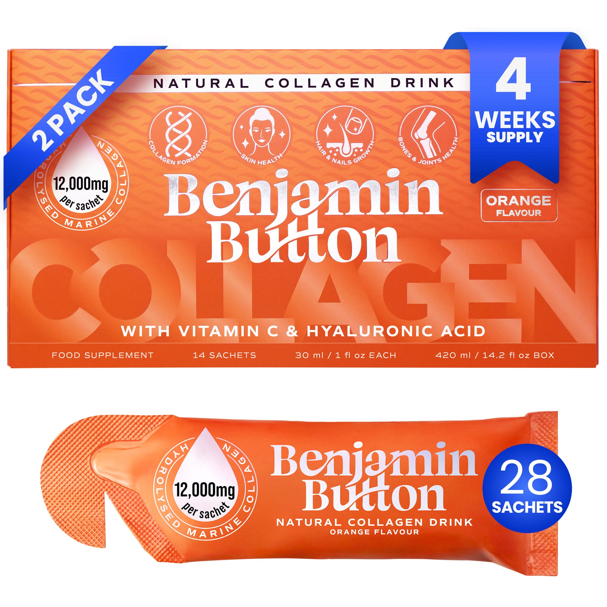 28x Oranje 12,000mg Marine Collageen Vloeibare Sachets