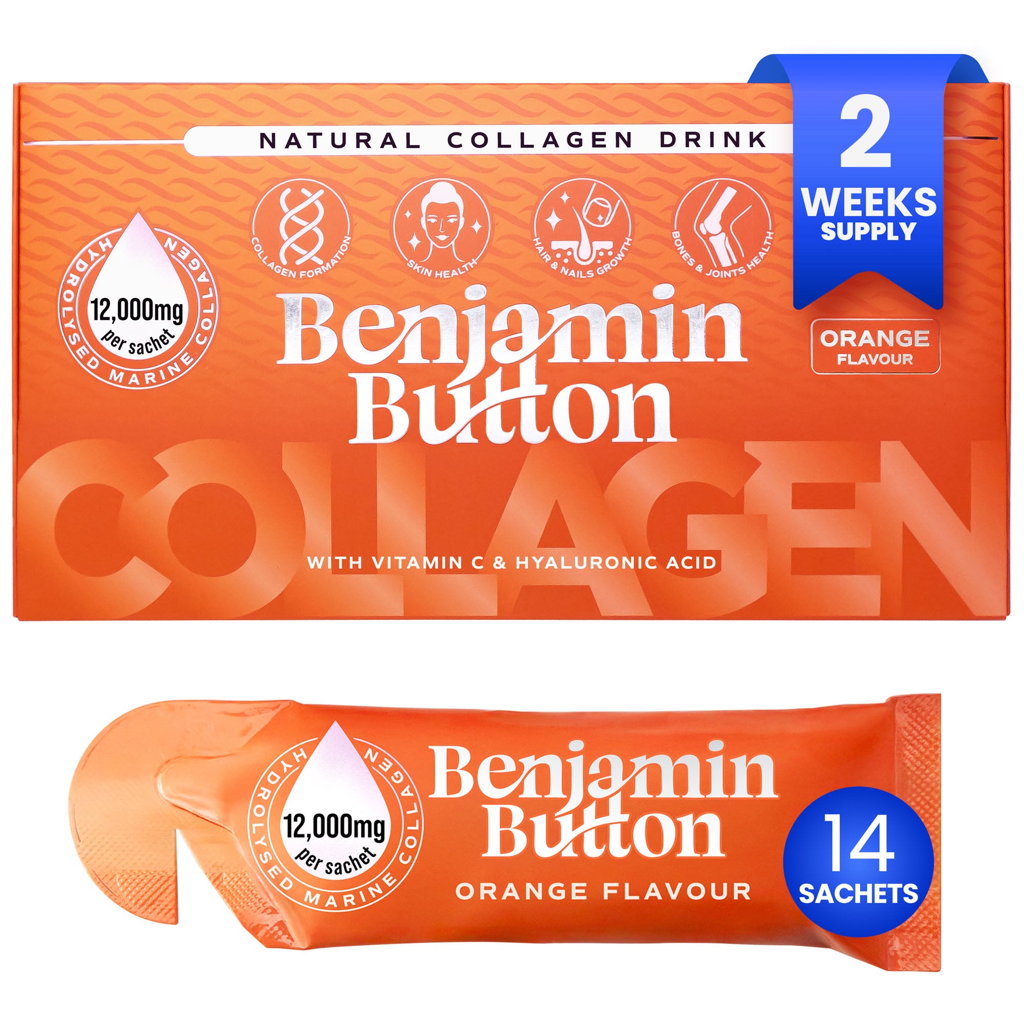 14x Oranje 12,000mg Marine Collageen Vloeibare Sachets